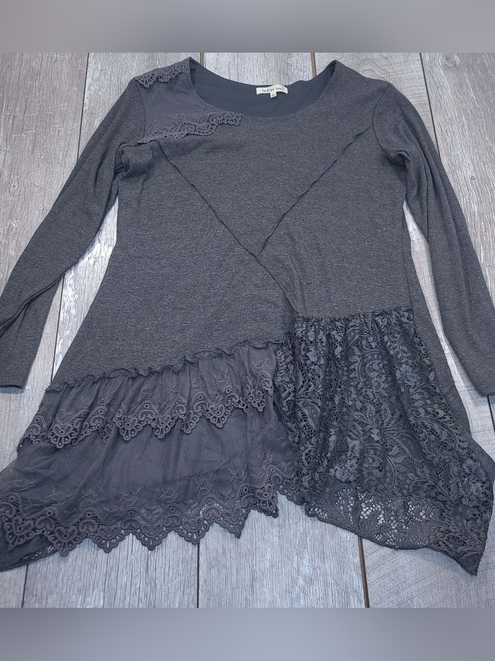 Indigo soul women’s long sleeve asymmetrical lacy tunic slarge whimsical grey